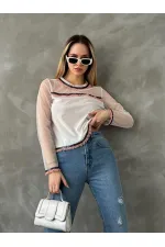 Blouse en tulle détaillée en gros - Crème | TOPSHOW | F1634