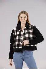 Manteau polaire à boutons-pression en gros - Carreaux noirs | TOPSHOW | F1133