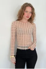 F 2107 POLKA DOT PRINTED TULLE T-SHIRT - BEIGE BROWN F 2107 POLKA DOT PRINTED TULLE T-SHIRT - BEIGE BROWN