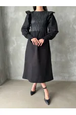 Topshow Black Body Leather Sleeve Wholesale Skirt Poplin Wholesale Dress | F0843