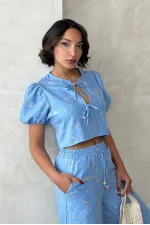 Embroidered Front Tie Wholesale Blouse - Light Blue | Topshow