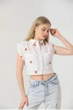 Chemise Topshow rouge brodée au-dessus du ventre (vente en gros)