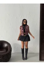 Topshow - Toptan Fitili Kadife Nakışlı Yelek - Bordo