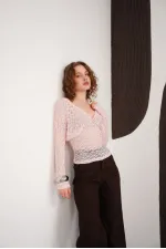 V Neck Guipure Wholesale Blouse - Pink | F2093 - Topshow