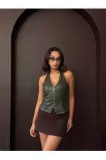 Topshow Sunideri Zippered Wholesale Vest - Khaki | F2036