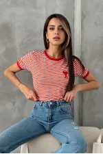 Topshow Oranj Kırmızı Nakışlı Çizgili Toptan Tişört