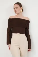 Blouse en tulle à manches longues en gros - Café | D2977 - Topshow
