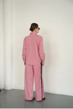 Lace Detail Striped Wholesale Trousers - Burgundy | F2083 - Topshow