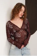 Blouse en dentelle à col V en gros - Café | F2093 - Topshow