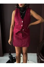 Topshow - Toptan Vintage Tarz Bordo Tüylü Kadın Yelek