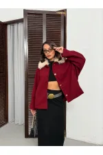 Manteau en cachemire boutonné à col peluche Topshow - Bordeaux | F2048