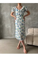 Topshow Mavi Brode Detaylı Desenli Toptan Elbise