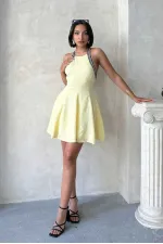 Şeritli Kolsuz Elbise - Sarı Topshow