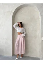 Çizgili Keten Etek - Koyu Pudra | Topshow | F1918