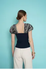 Boat Neck Blouse with Lace Detail on Shoulder - Navy Blue | D2994 - Topshow