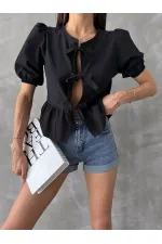 Topshow Siyah Önden Bağlamalı Poplin Toptan Bluz