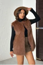 Topshow - Toptan Suni Kürk Yelek - Açık Kahve