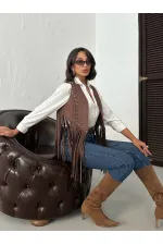 Topshow Püsküllü Süet Yelek – İnci Detaylı - KAHVE | F1806