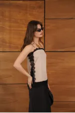 D 2931 LACE DETAILED STRAPLESS SATIN TUNIC - STONE