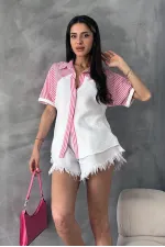 Topshow Fuchsia Stripe Detailed Low Sleeve Wholesale Shirt