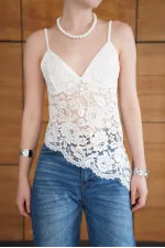 Blouse brodée à bretelles - Crème | D2965 - Topshow