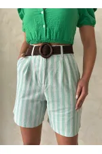 Topshow Çağla Çizgili Kemerli Keten Toptan Şort