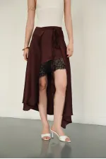 Jupe en satin marron avec détails en dentelle | D2976 - Topshow