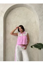 Lace Detailed Sequin Denim Jacket - Pink Topshow