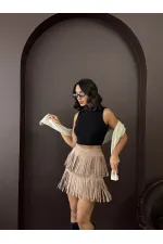 Jupe Topshow en daim scuba à franges - Vison | F2030