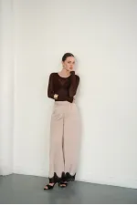 Wholesale Satin Trousers with Lace Hem - Stone | D2969 - Topshow