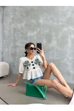 Topshow Stone Saxe Embroidered Wholesale Blouse