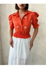 Kol Ucu Etek Gipeli Düğmeli Gömlek - Oranj Topshow