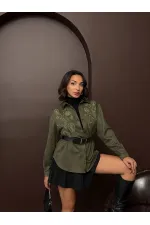 Topshow Nakışlı Scuba Süet Gömlek - Haki | F2024