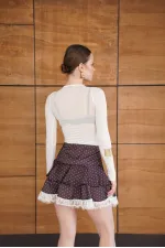 Jupe en satin à pois avec détails en dentelle - Marron | D2962 - Topshow