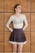 Jupe en satin à pois avec détails en dentelle - Marron | D2962 - Topshow