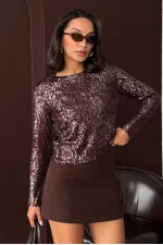 Chemisier à sequins scintillants Topshow à manches longues, disponible en gros - MARRON FONCÉ