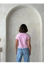 Guipure Detailed T-Shirt - Pink | topshow