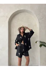 Kemer Detaylı Nakışlı Keten Şort - Siyah | Topshow