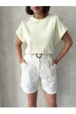 Omuzu Dantelli t-Shirt - Sarı - D2532 | Topshow