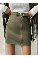 Süet Fermuarlı Toptan Etek - Haki | TOPSHOW | F0121