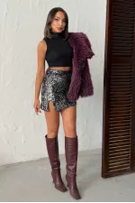 Topshow Sequined Velvet Mini Skirt - Black Silver | F2054