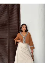 Topshow Şerit Detaylı Scuba Süet Fermuarlı Ceket - VİZON | F1971