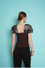 Boat Neck Blouse with Shoulder Lace Detail - Coffee | D2994 - Topshow