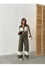 Dantel Detaylı Geniş Paça Kadın Pantolon - Haki | Topshow | F1958