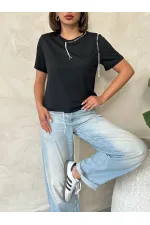 Topshow Siyah Çoban Dikişli Toptan Tişört