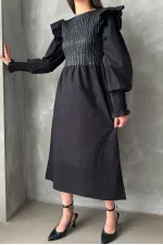 Topshow Black Body Leather Sleeve Wholesale Skirt Poplin Wholesale Dress | F0843