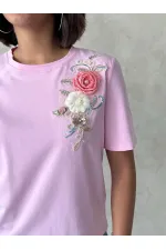Çiçek Detaylı Tişört - Pembe | Topshow