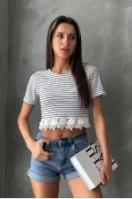 Topshow Cream Guipure Detailed Striped Wholesale T-Shirt
