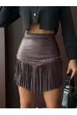 Topshow Western Tarz Püsküllü Mini Deri Toptan Etek - Kahve | F2041