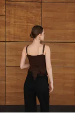 Askılı Dantel Detaylı Tül Toptan Bluz - Kahve | D2979 - Topshow